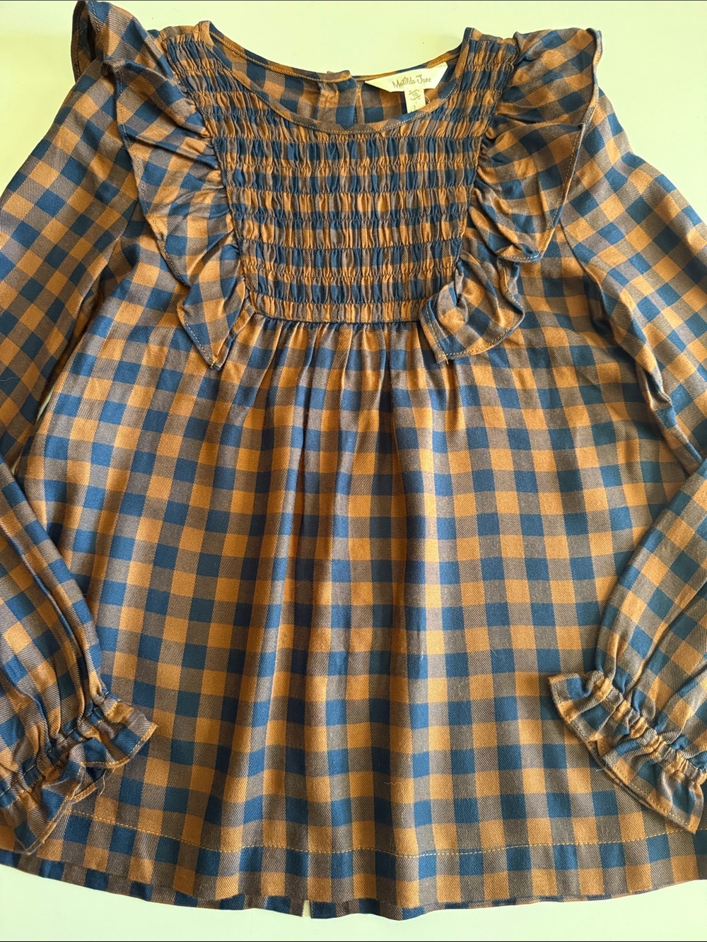 Matilda Jane Blue and Gingerbread Brown Gingham Smocked Ruffle Top Sz 10 NWT